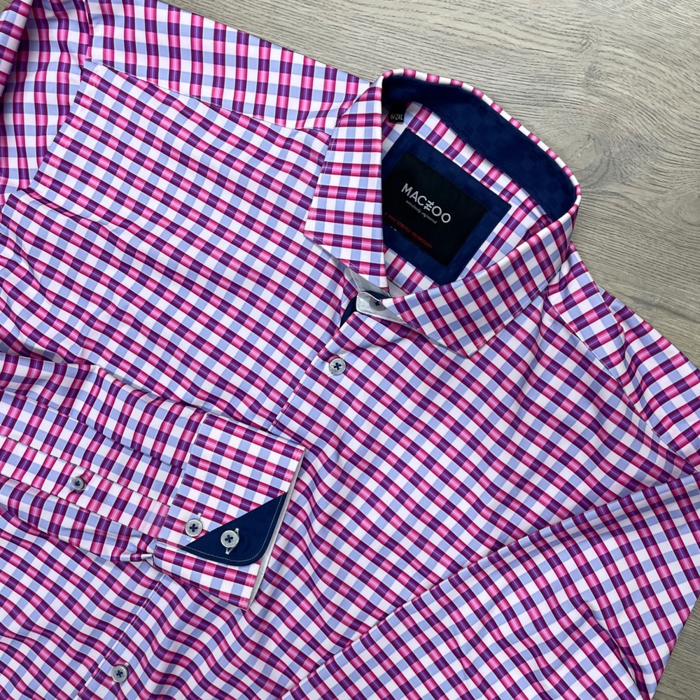 Maceoo Wall Street Performance Mens 2XL Pink Check 4-Way Stretch Button Up Shirt
